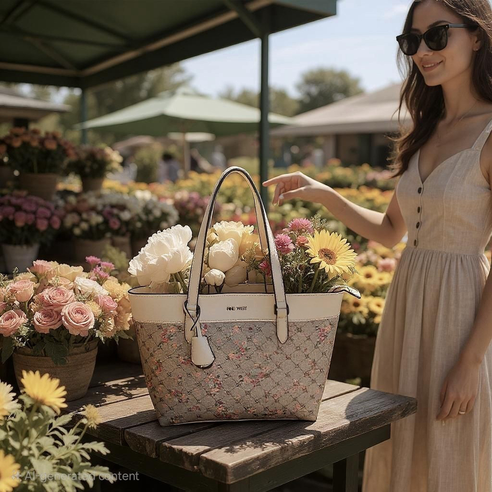 NEW Nine West Kaislie Tote Floral Logo Purse Cream Pink